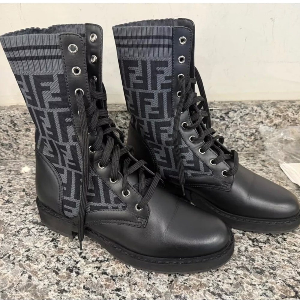 Fendi Rockoko Logo  Lace-Up Combat Boot size 40